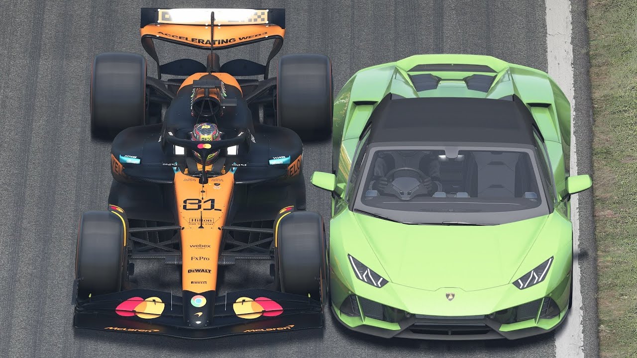 Оскар Пиастри McLaren F1 2025 против Lamborghini Huracán EVO Spyder в Монце