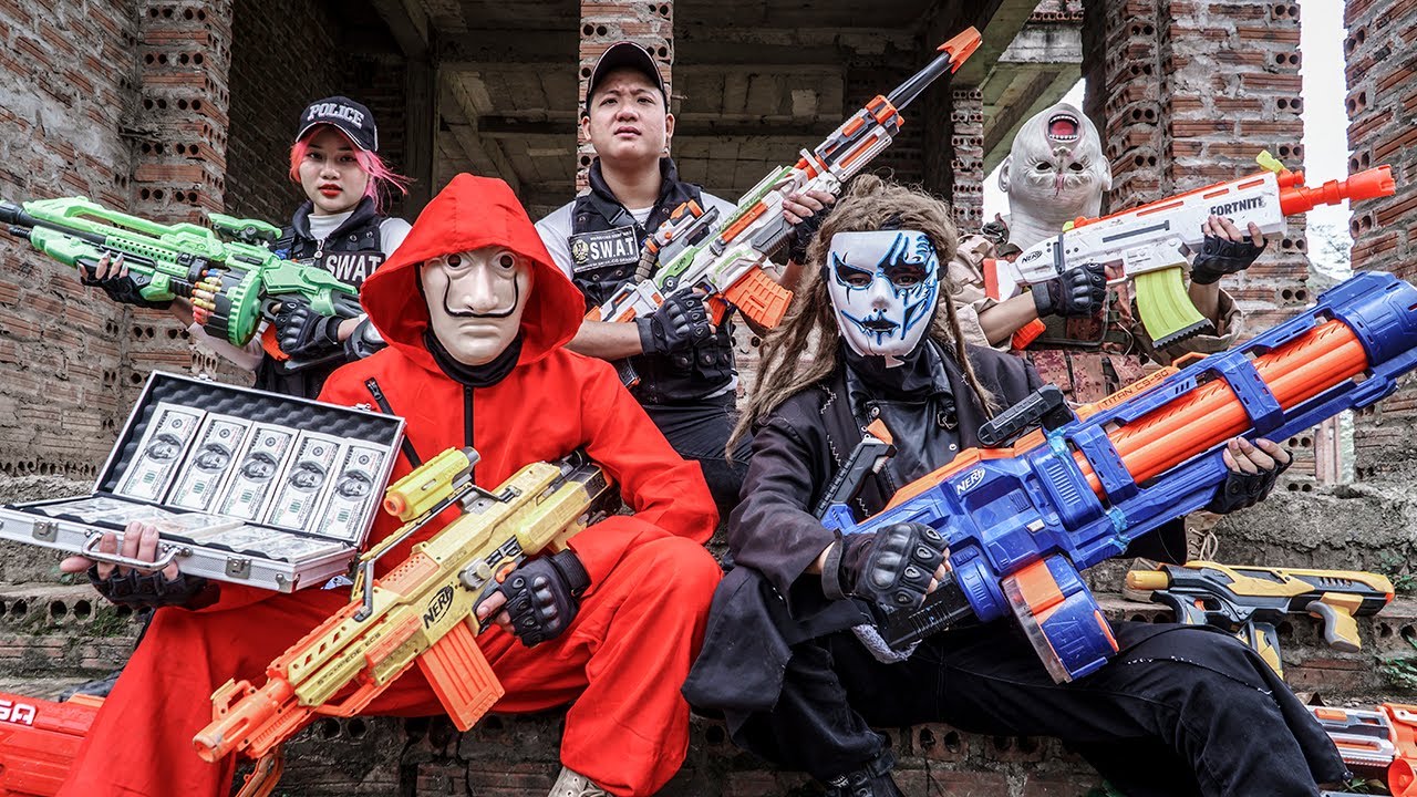 [ 1 Hour Nerf War ] Warriors Black Nerf Guns Fight Crime RED SATAN Mask Bloody Battlefield 2