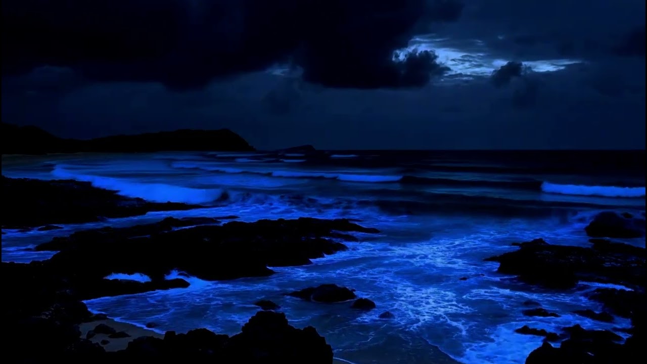 Relaxing Glowing Blue Ocean Sounds for Sleeping: Neon Waves at Night, 3 Hours, No Music