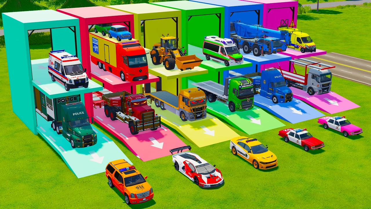 TRANSPORTING ALL POLICE CARS, AMBULANCE, WHEEL LOADER, FIRE TRUCK TO GARAGE - FS22