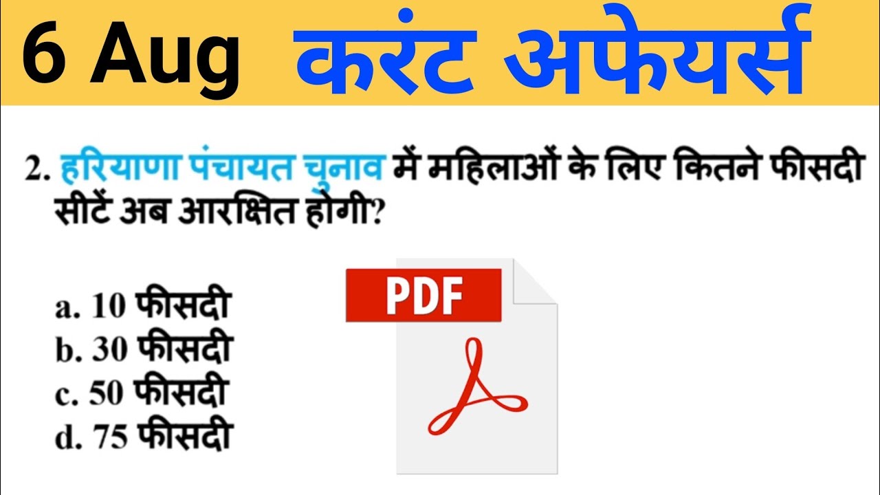 6 August 2020 Current Affairs in Hindi || Daily Current Affairs in Hindi for All Exams