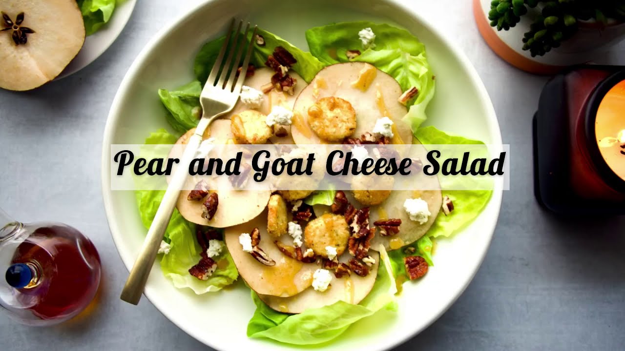 Pear and Goat Cheese Salad with honey mustard dressing and candied pecans | A Global Desi Kitchen
