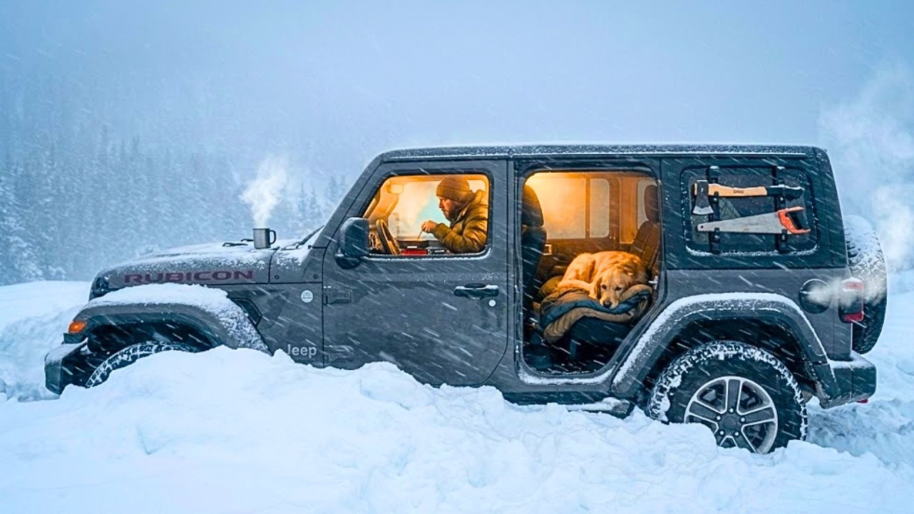 TRAPPED in a SNOWSTORM in my JEEP [ Zero Visibility, Diesel Heater, Survival Cooking ]