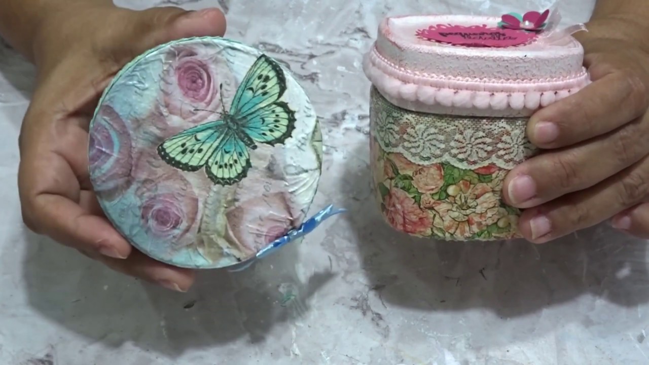 Reciclado de frasco de café en un hermoso alhajero con decoupage