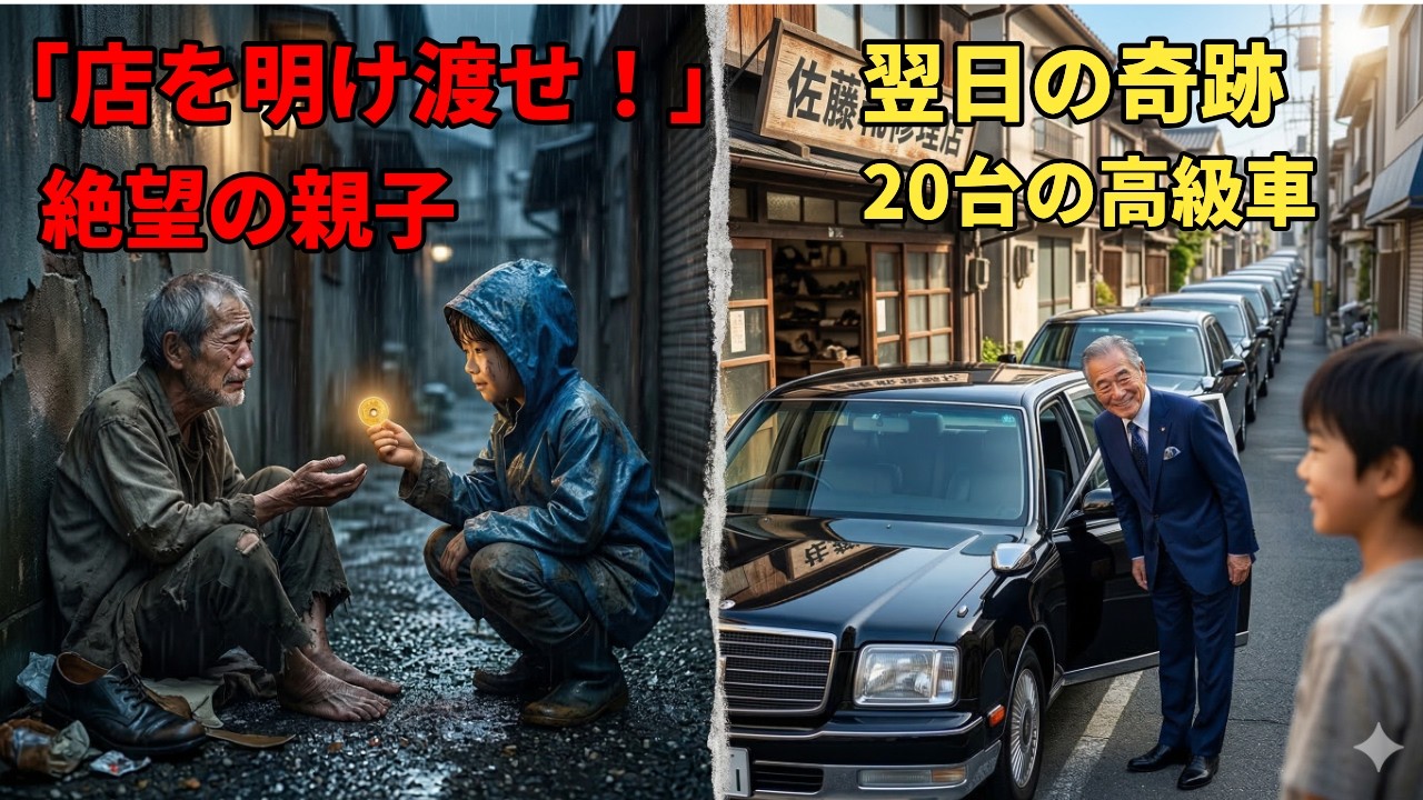 靴のかかとが取れたホームレスに、父の形見の1ドルを渡した少年。翌日、修理店の路地に黒いセダンが20台も押し寄せてきて……