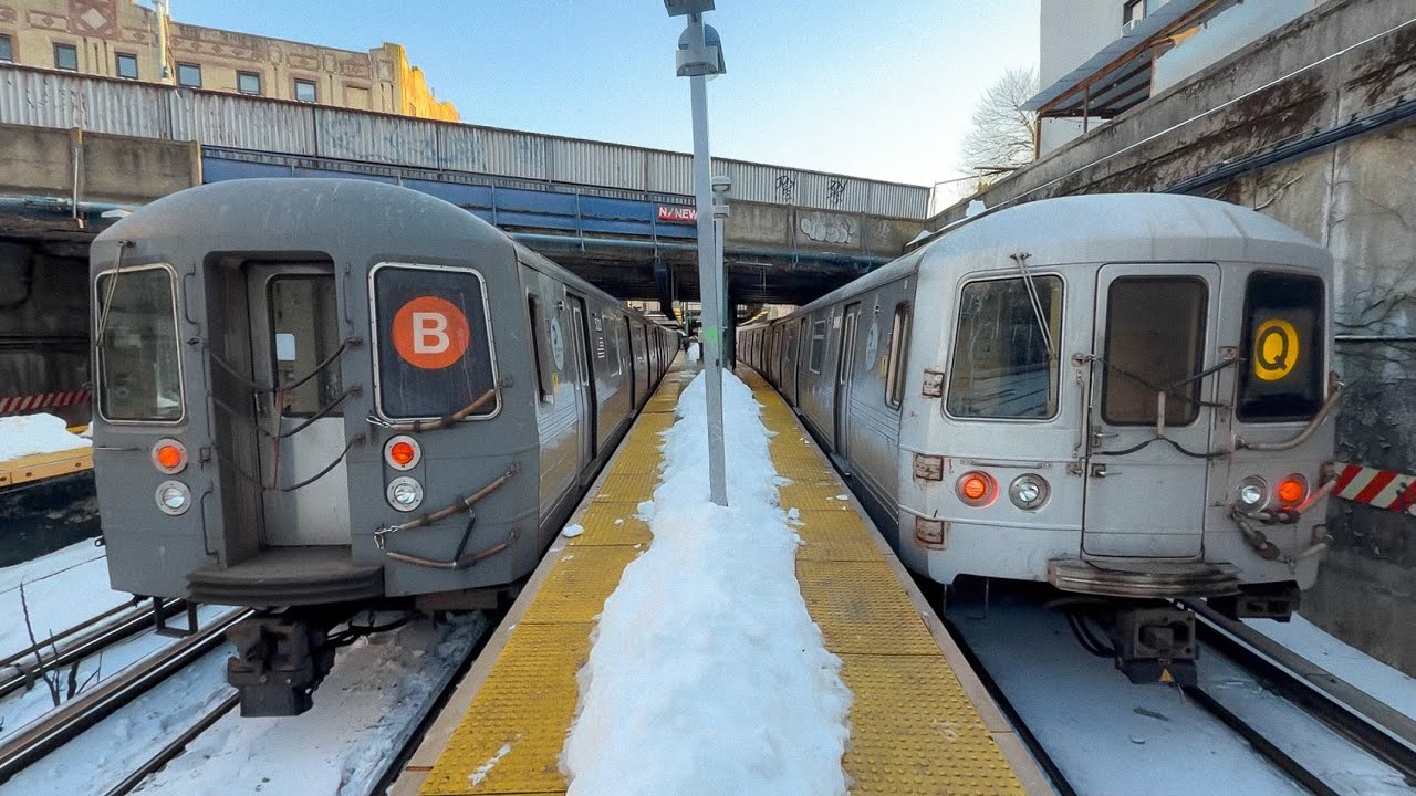 R46, R68/A, R160, & R211 B/Q Trains at Newkirk Plaza in the Snow