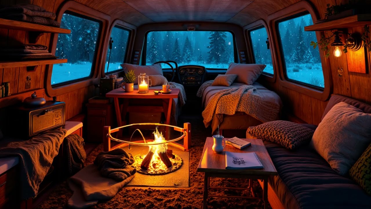 Winter Camper Van Interior with Fireplace Glow | Cozy Snowy Night Ambience for Deep Sleep
