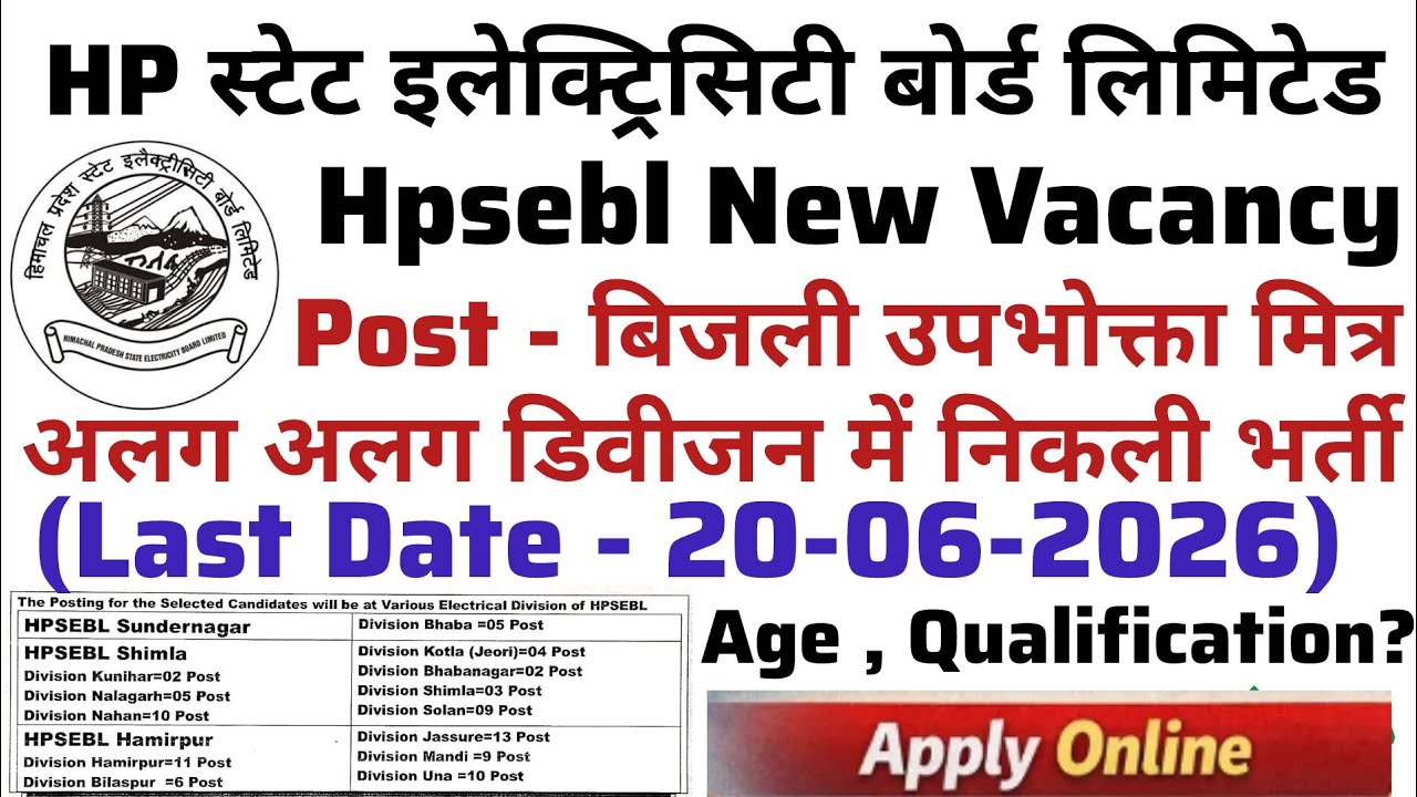 HPSEBL Bijli Upbhokta Mitra | Recruitment in various divisions | Last Date - 06/20/2026