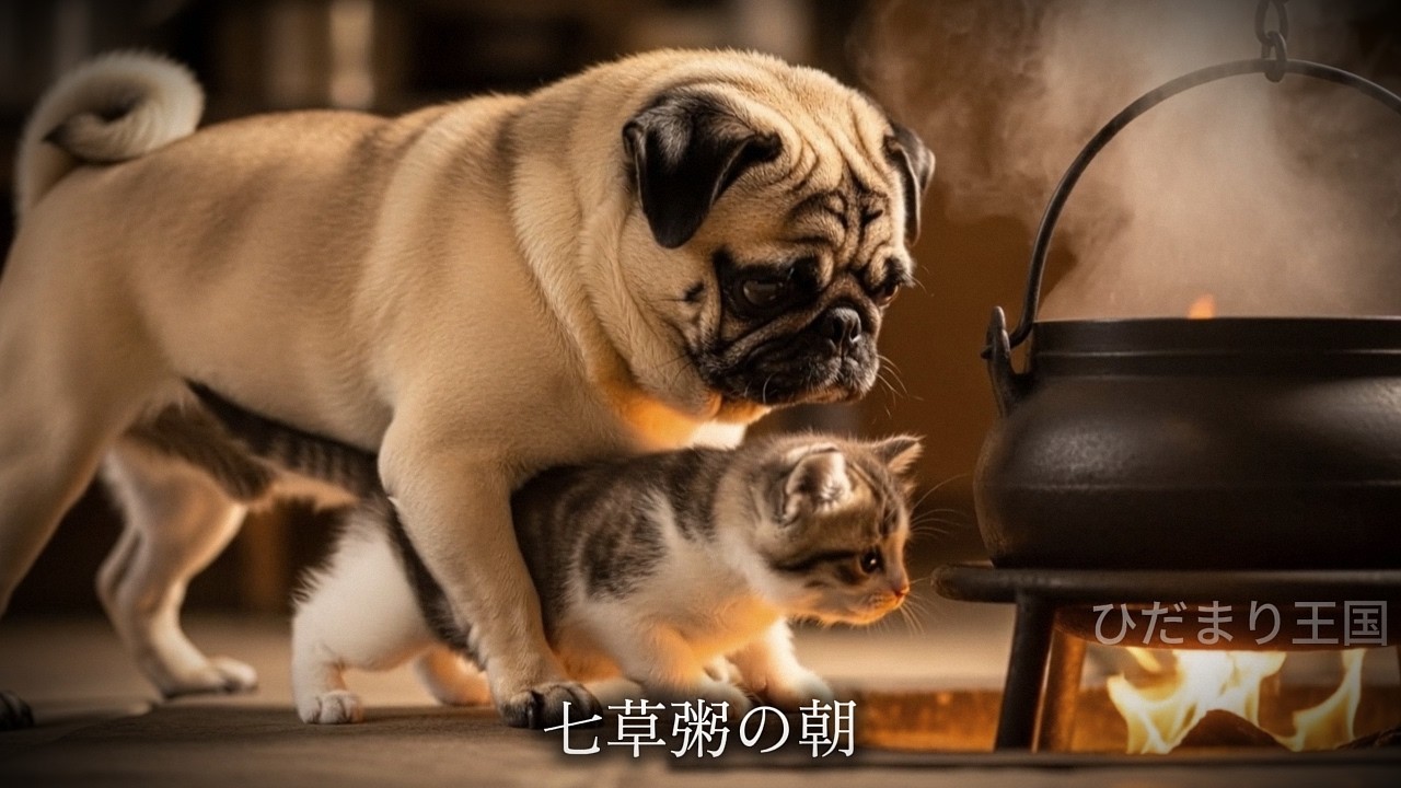 【七草粥の朝】湯気の向こうで迷うパグと、じっと待つ子猫の、何も言わない5分間