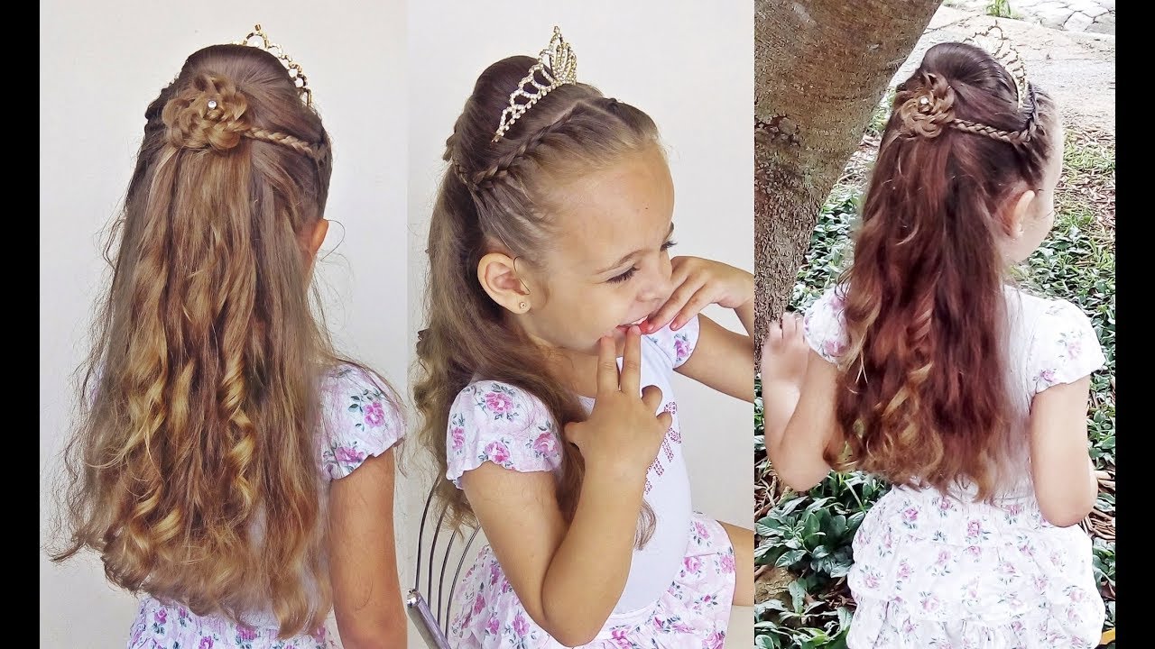 Penteado Infantil de princesa com flor de cabelo para festa e formatura
