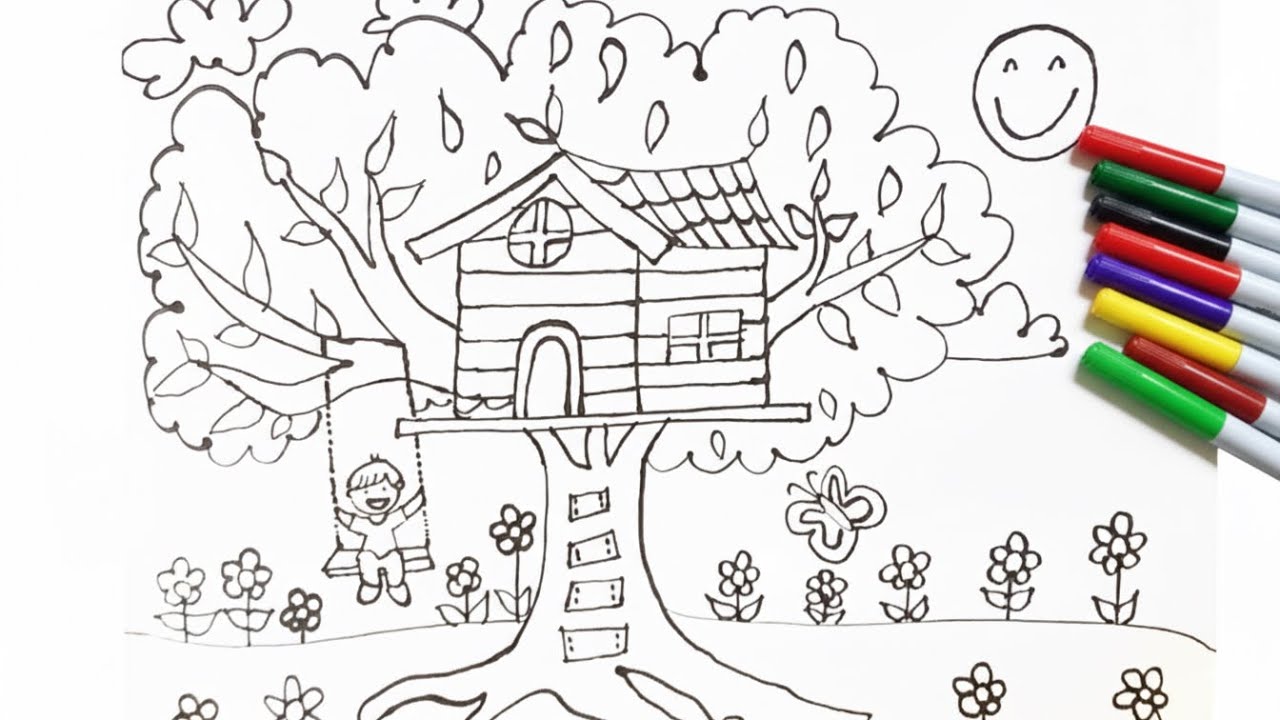 🌳🏡COMO Desenhar desenhando casa na árvore desenho fácil de fazer pintura casa na árvore