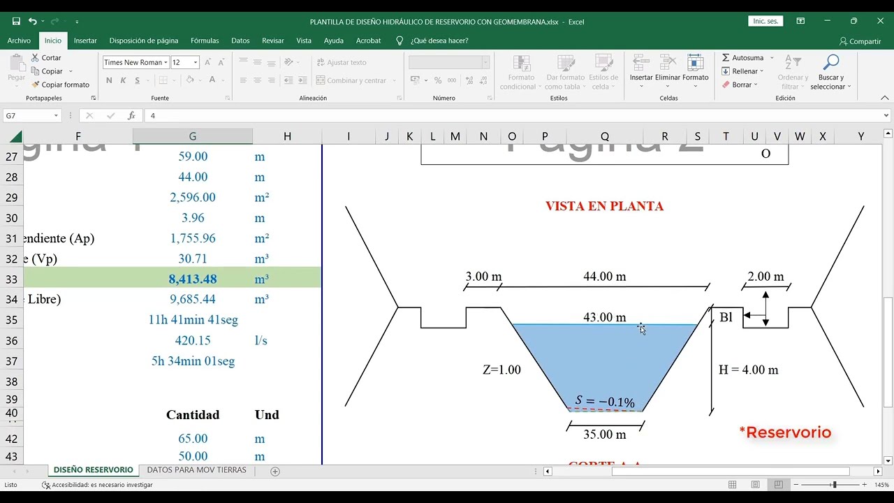 PLANTILLA PROFESIONAL PARA DISEÑO HIDRÁULICO DE RESERVORIOS CON GEOMEMBRANA | EXCEL Y CIVIL 3D | 1/4