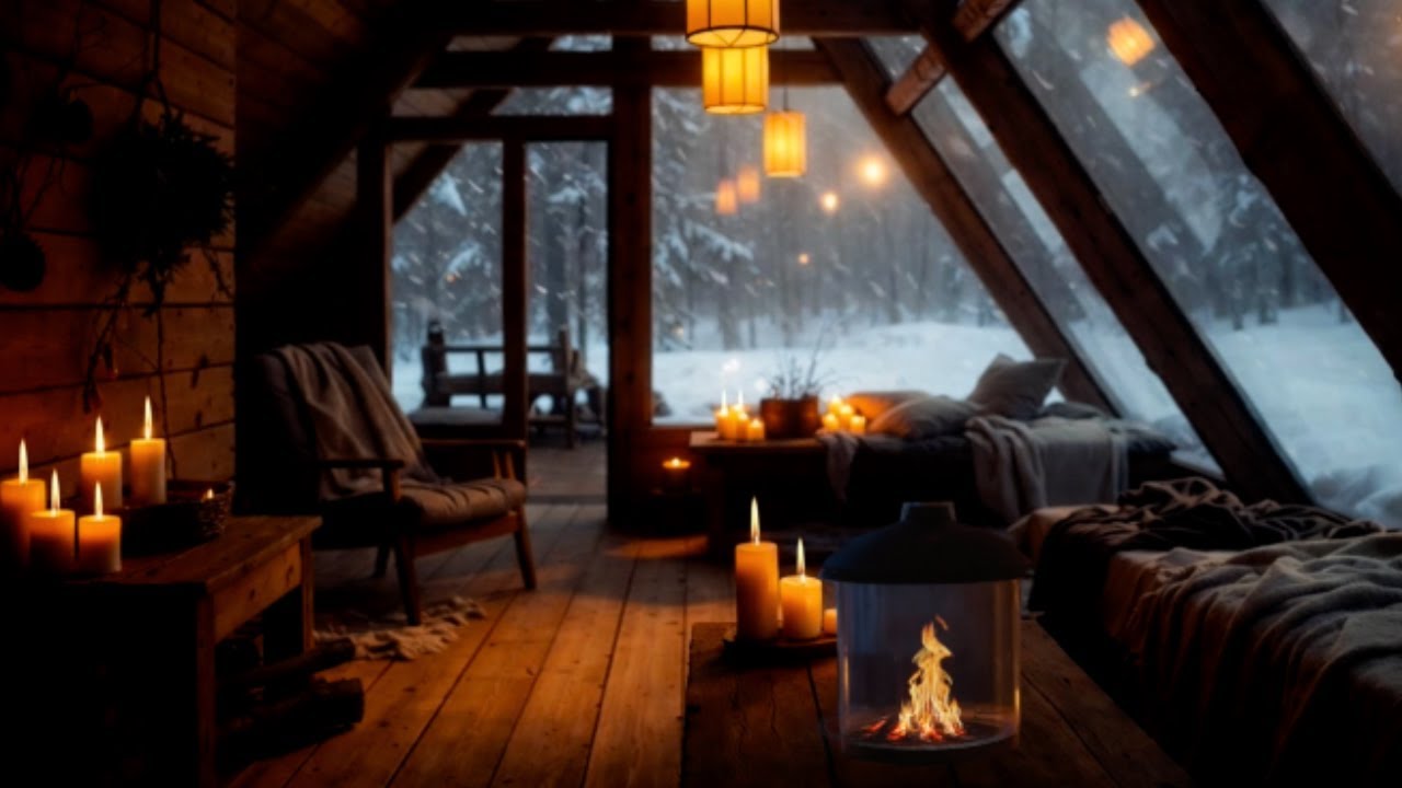 Warm Fireplace in a Cozy Winter Cabin Snowfall Night Ambience for Sleep & Relax