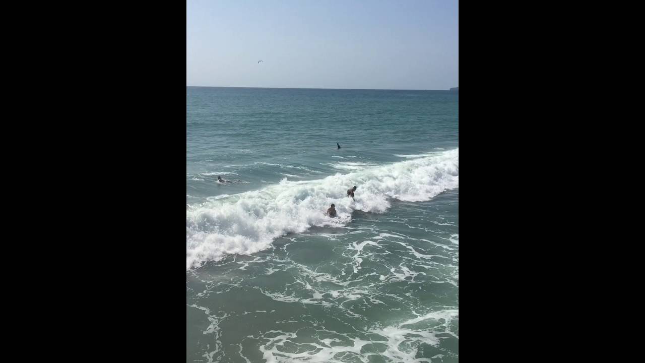 Surfers wiping out at San Clemente Pier in Orange County, California