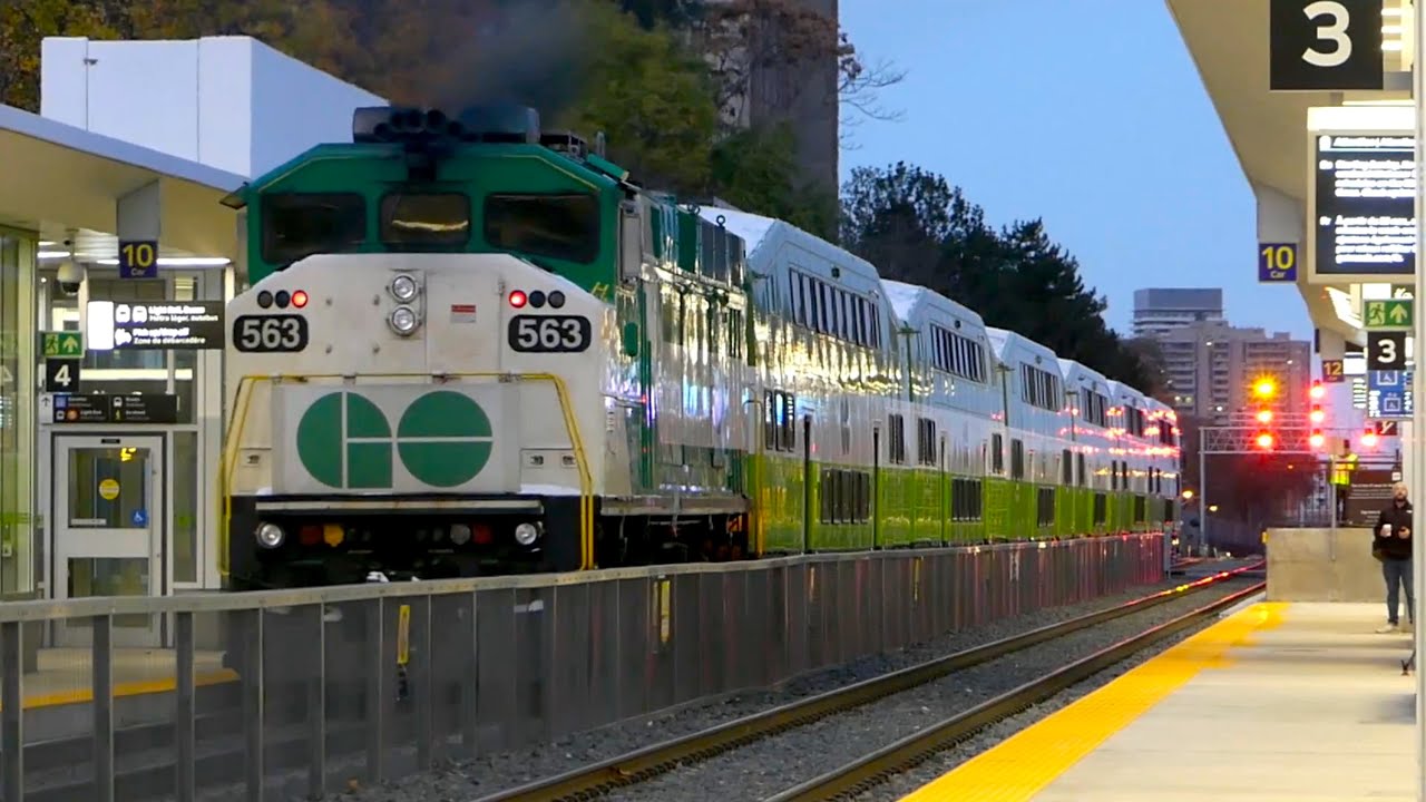 Trains at the brand new Mount Dennis GO/UPX Station
