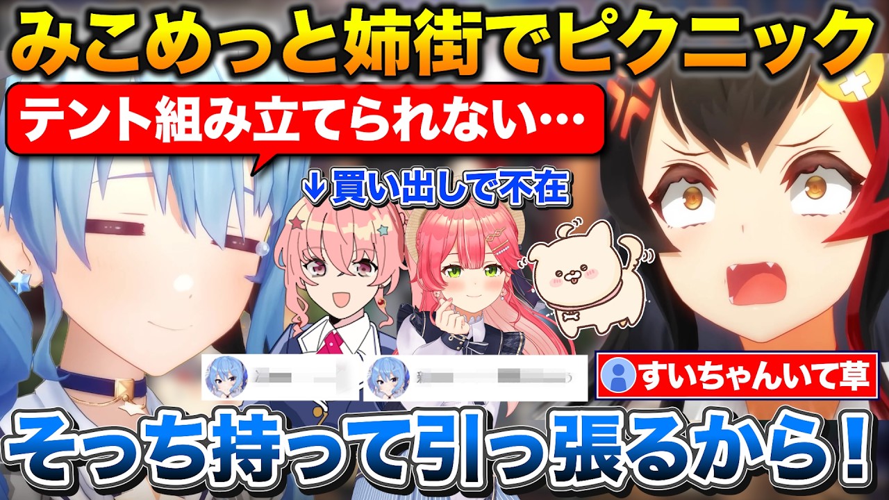みこめっと＆姉街いぬちでピクニックに行ったミオしゃ+深夜の配信に現れるすいちゃん【ホロライブ/大神ミオ/さくらみこ/星街すいせい/姉街】