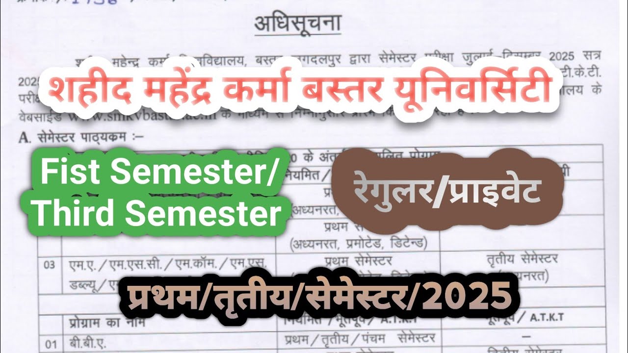 Bastar University First Semester/Third Semester Exam Form 2025 / Smkv Bastar