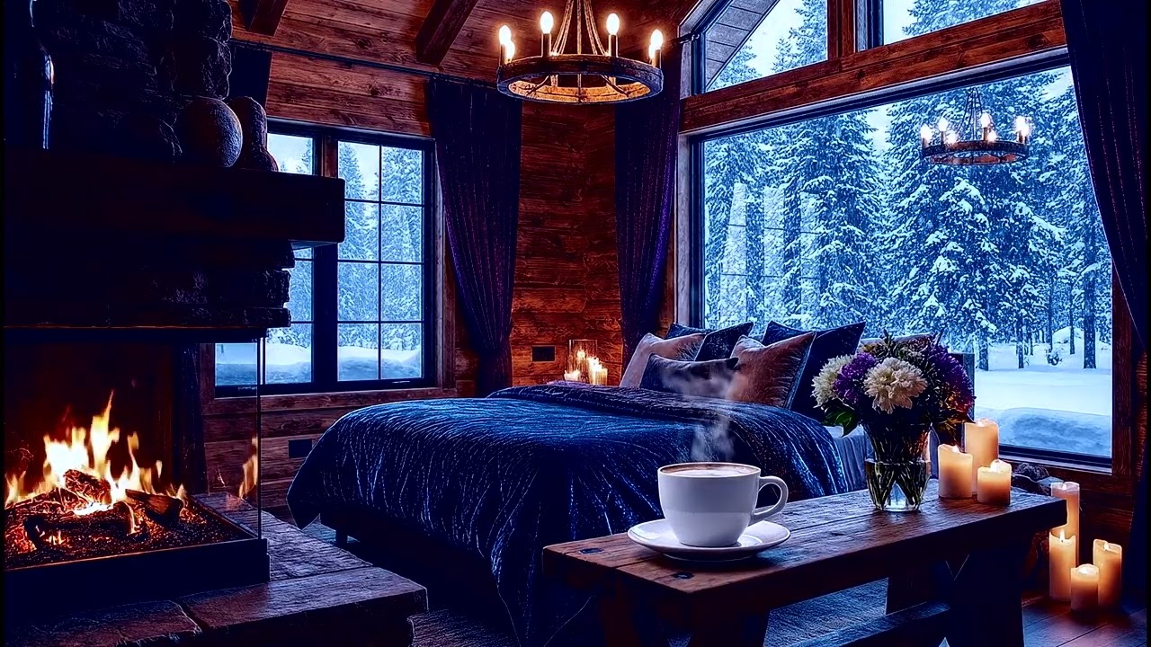 Cozy Winter Escape | Glowing Fireplace, Falling Snow & Deep Relaxation Music