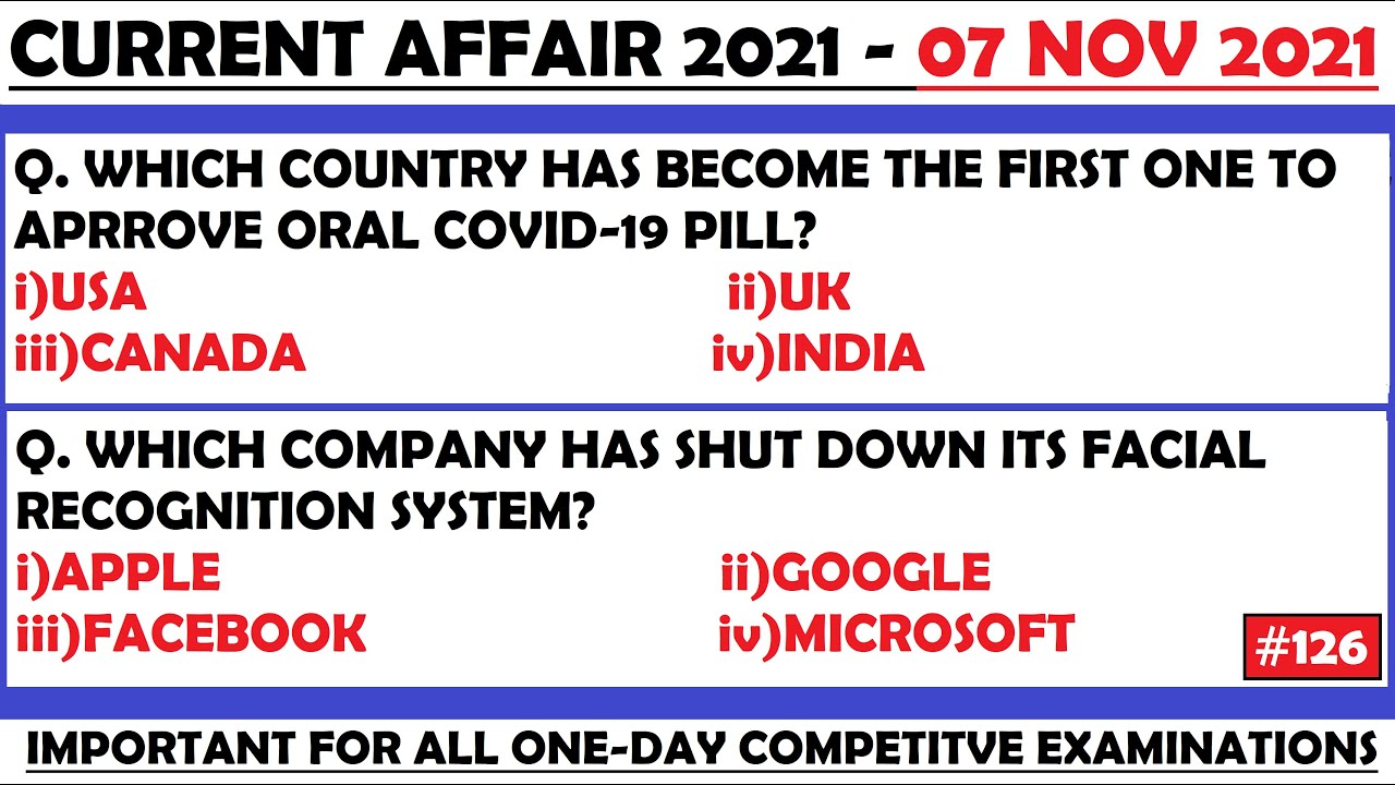 07 Nov 2021 Current Affairs Questions | India & World Current Affairs | Current Affairs 2021 Nov |