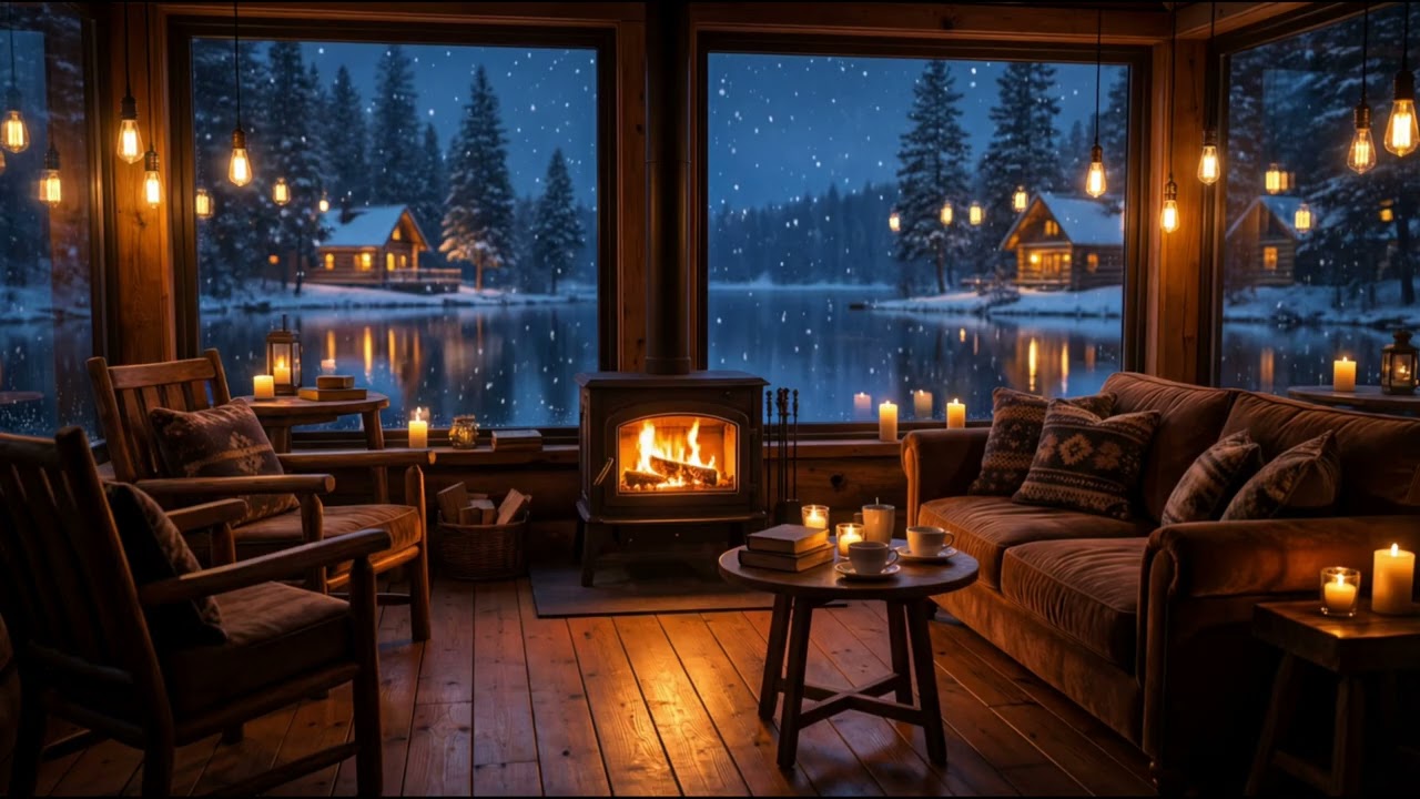 JAZZ Music Cozy Winter Cabin Ambience ❄️🔥 | Fireplace, Snowfall & JAZZ Music | 3 Hours of Relaxing
