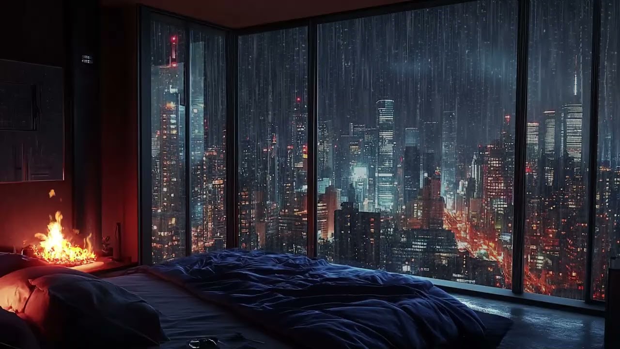 Heavy Rain Sound with Crackling Fireplace in Cozy Modern Apartment for Deep Sleep and Relaxation
