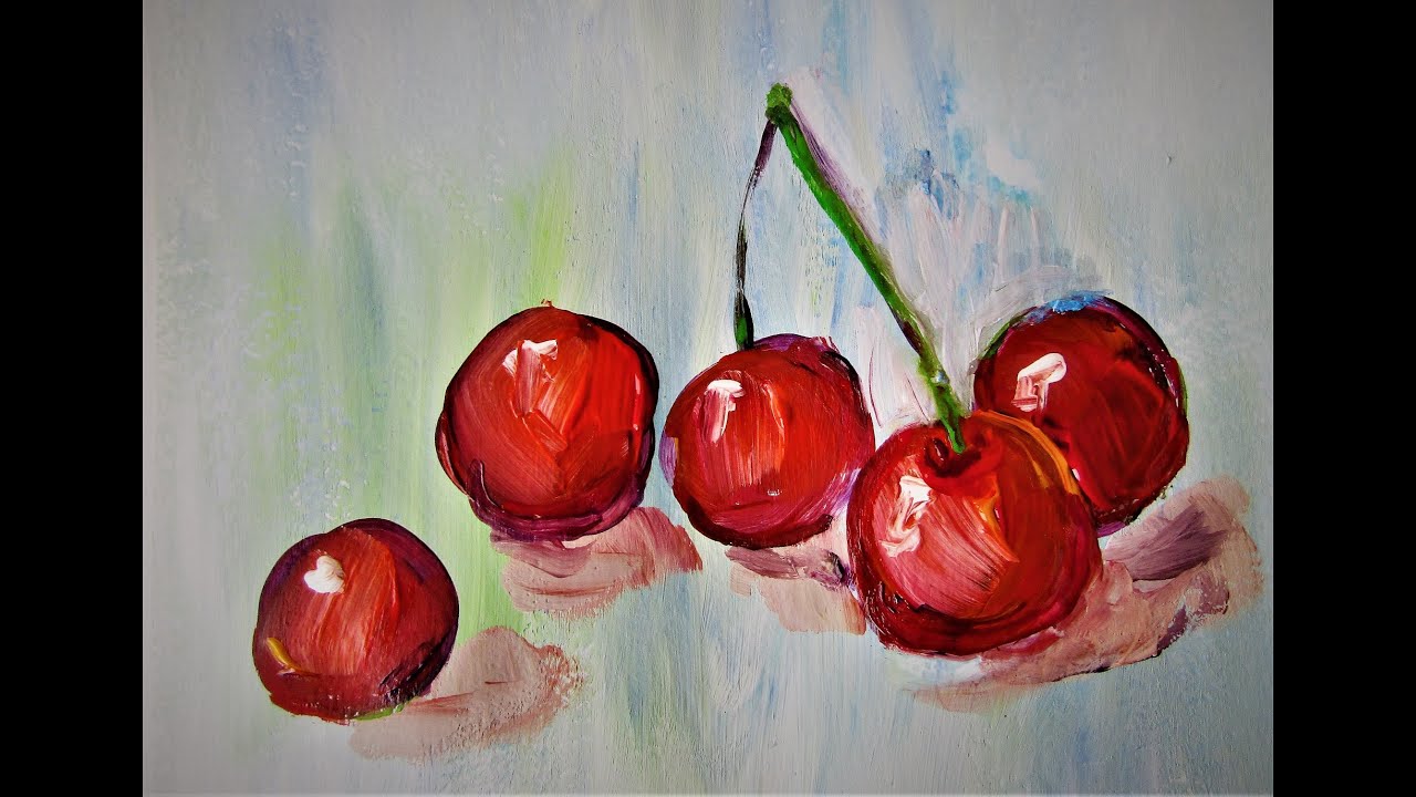 Cireșe. Tutorial de pictură pentru &icirc;ncepători/Cherries. Painting tutorial for beginners.
