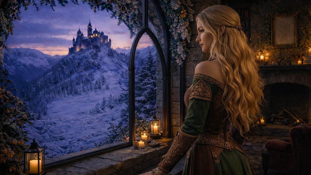Snowy Castle View | Relaxing Ambient Background |Chimenea y Castillo Nevado | Fondo Relajante