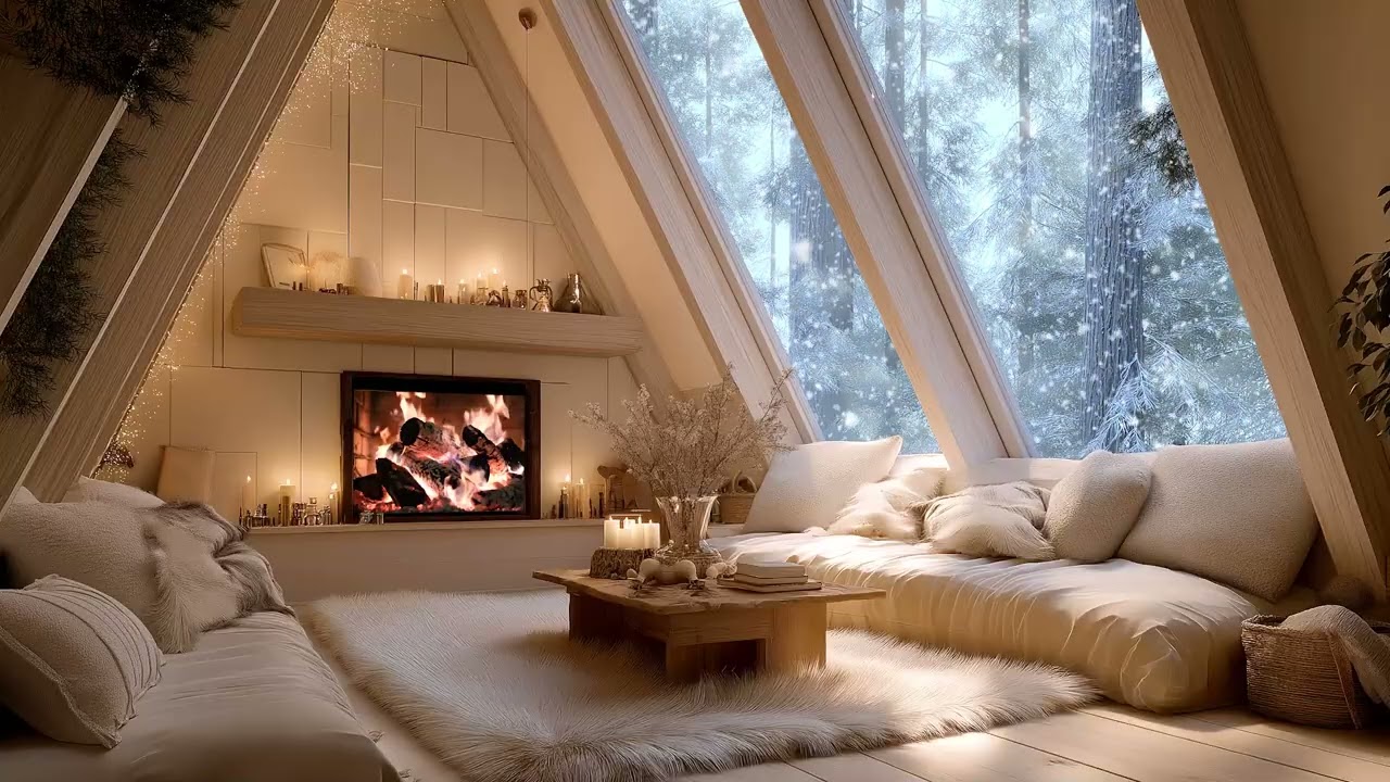 Winter Lounge Piano | Cozy Fireplace Ambience & Gentle Snow | Focus, Study, Calm Meditation Musics
