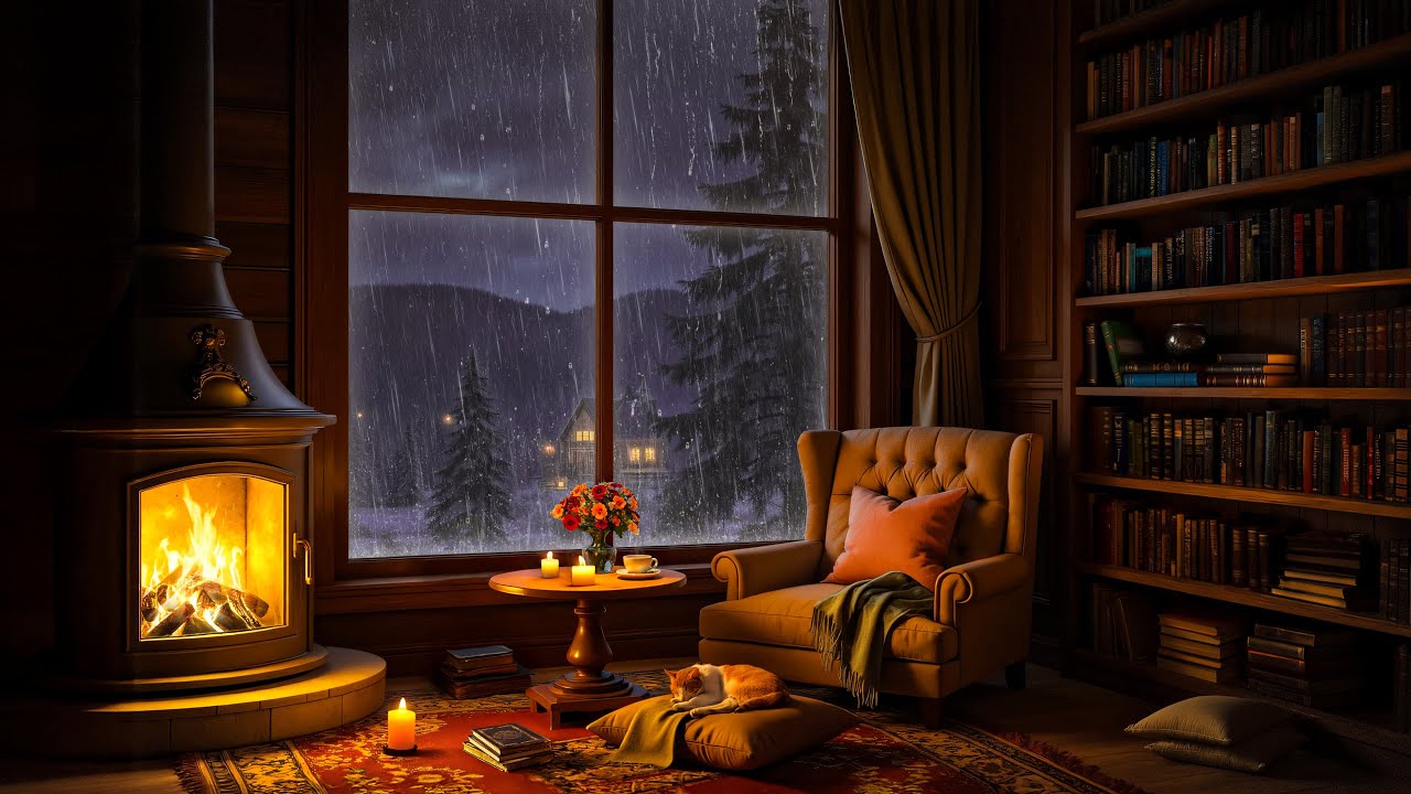 Rainy Cabin Nights 🍂 Soft Jazz, Fireplace & Cozy Reading Ambience