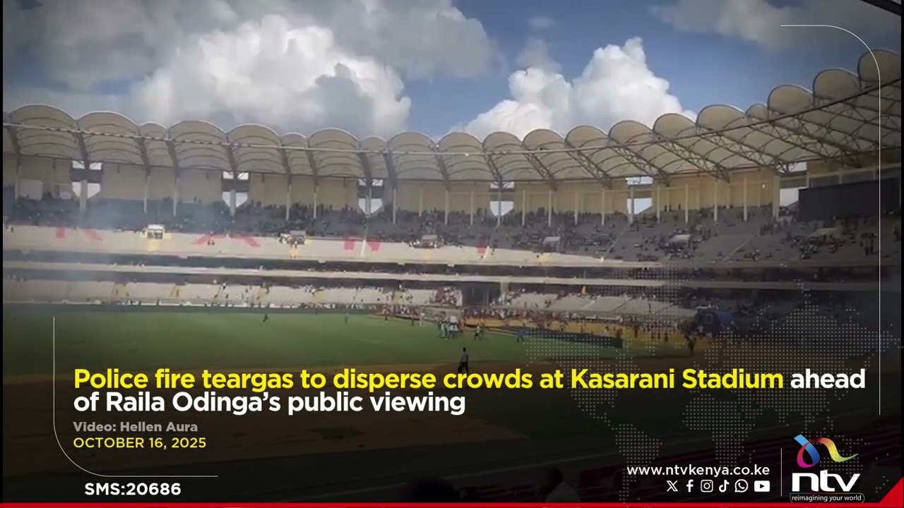 Police fire teargas to disperse crowds at Kasarani Stadium ahead of Raila Odinga&rsquo;s public viewing