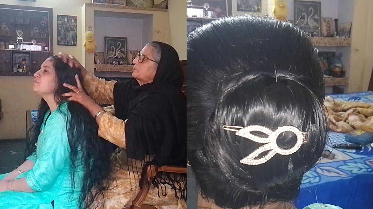 my mom made my hair bun||hair oiling combing by mom@satbirskitchenandvlogs7569
