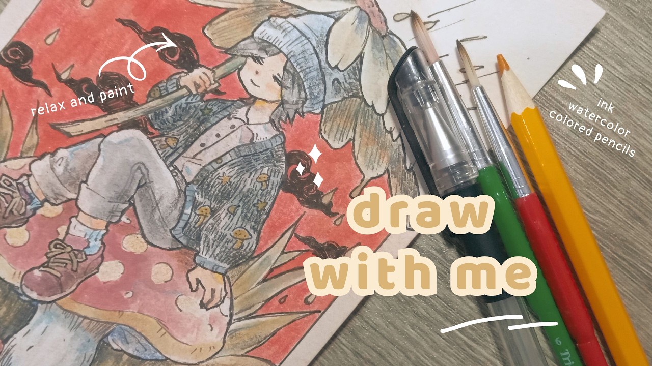 draw with me | sketching and painting process | ink + watercolor | rainy art | relaxing lofi music