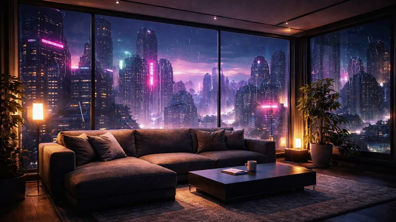 Cyberpunk Living Room Rain Ambience 🌧️ 3 Hours of Relaxing Rain Sounds for Sleep, Studying & Reading