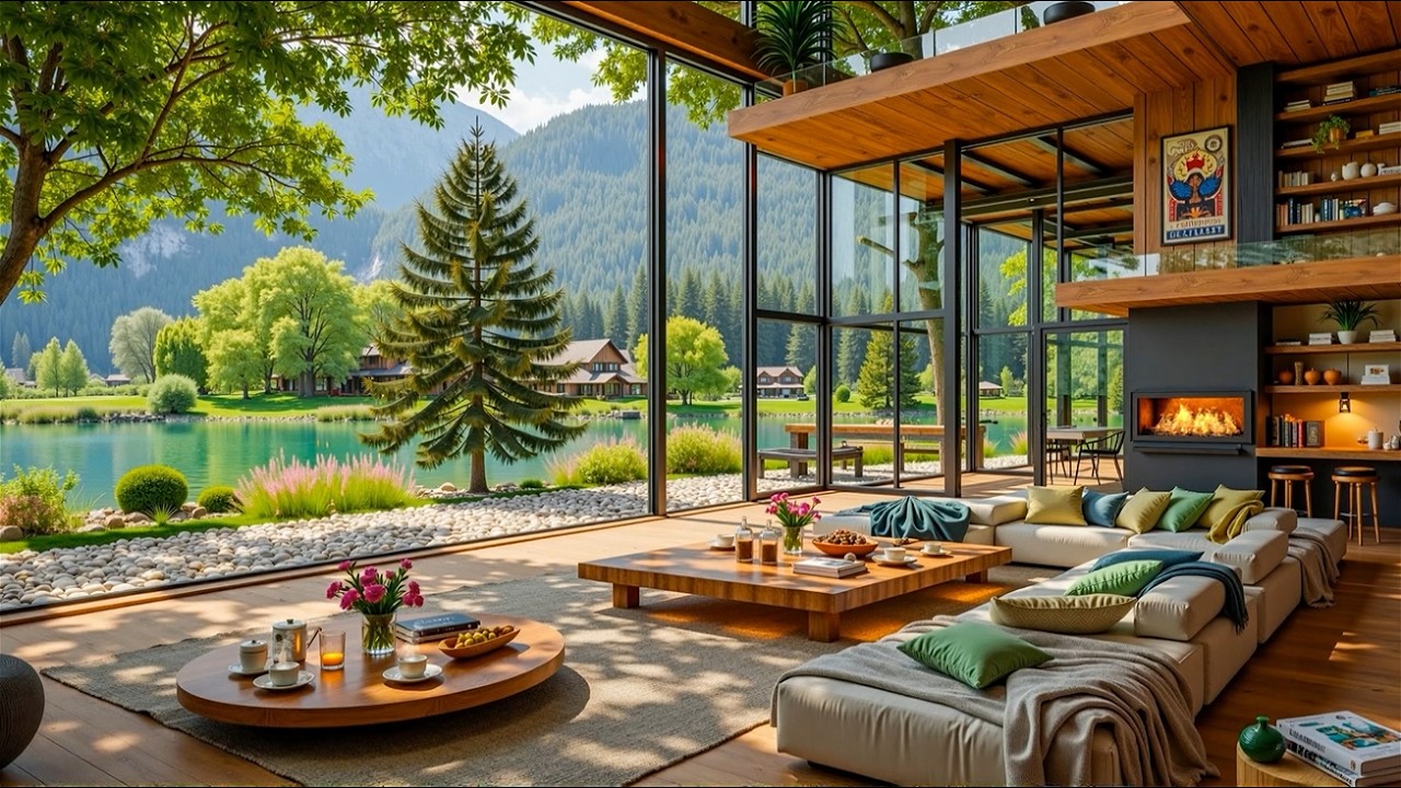 Luxury Lakeside Morning ☀️ Smooth Jazz in a Glass House with Mountain Views and Fireplace Glow