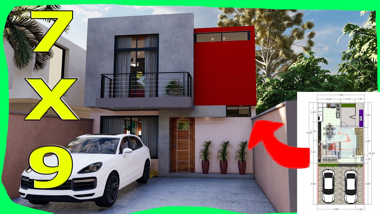 Plano de Casa de 7x9 DOS Plantas 2 RECAMARAS  Fachadas de Casas Modernas