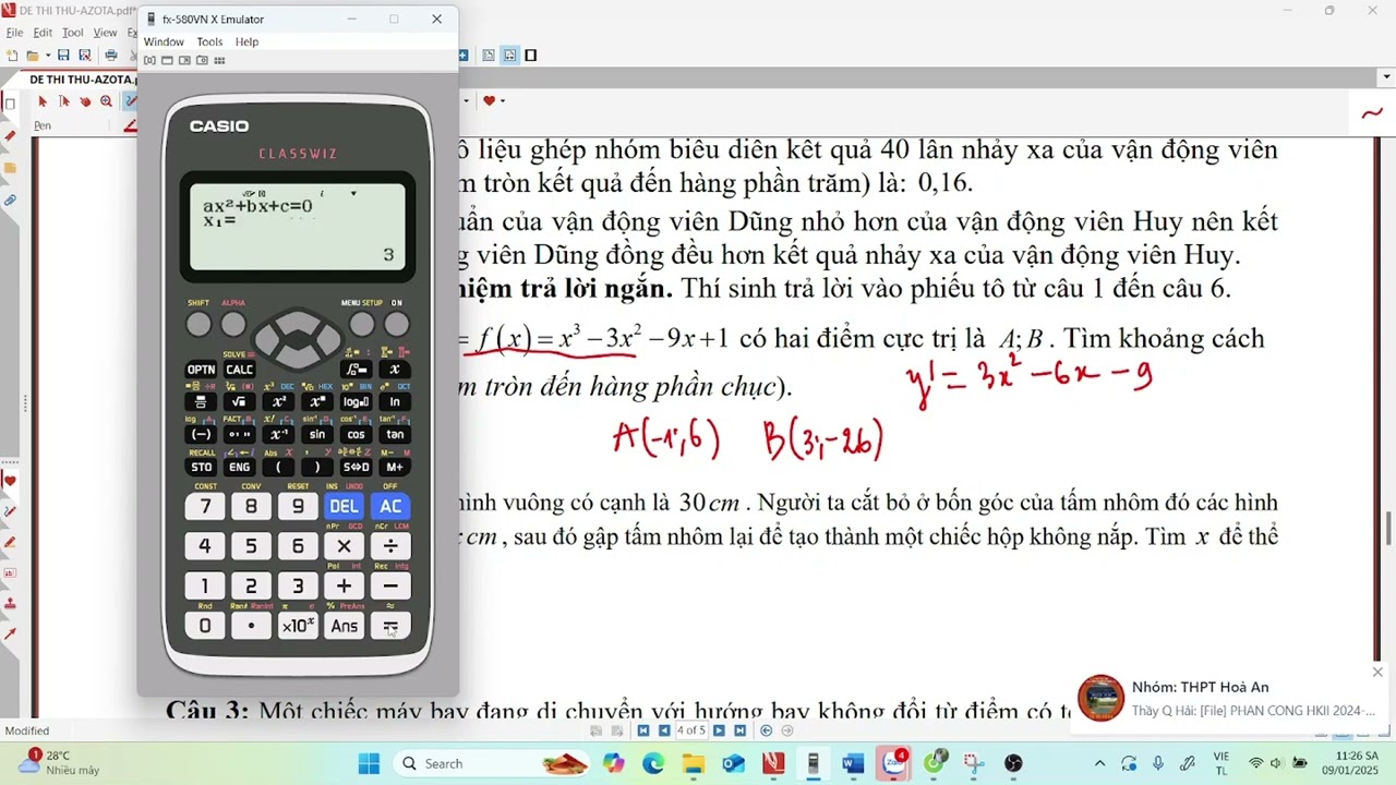 Tính khoảng cách giữa hai điểm cực trị của đồ thị hàm số - Trả lời ngắn- Toán 12