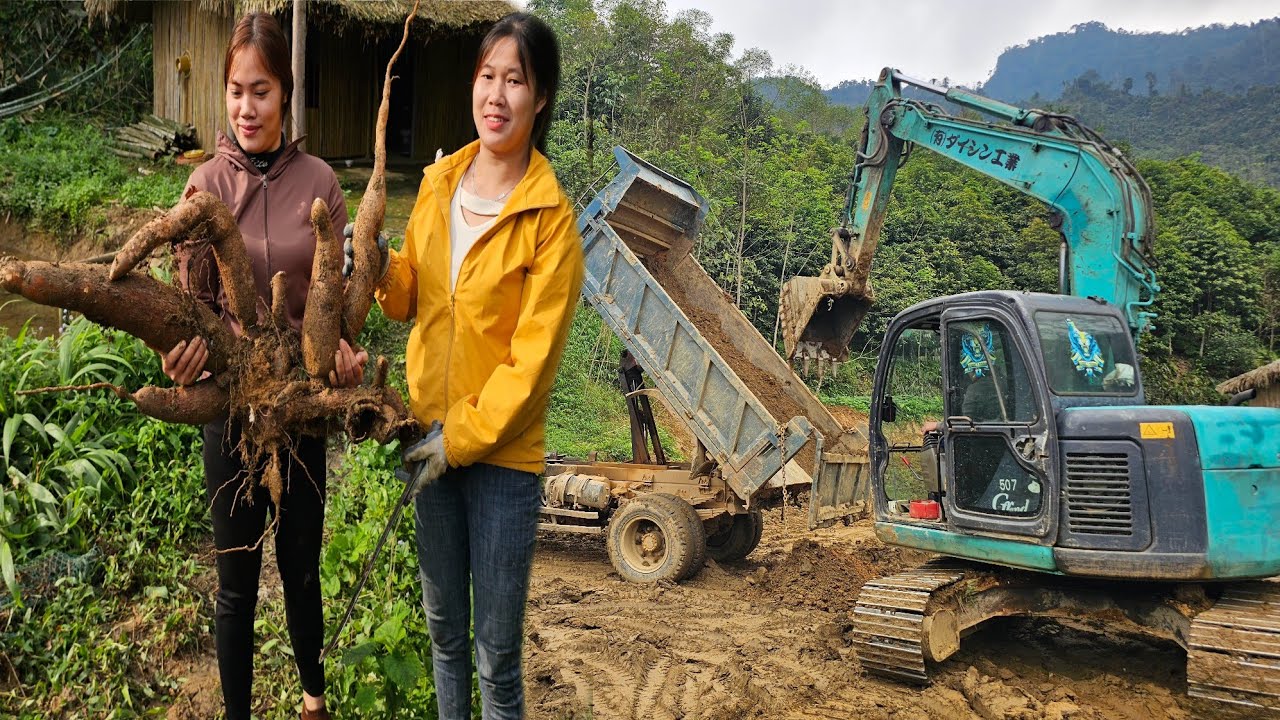 The girl is on her second day of constructing a 2,500 square meter fish pond. 