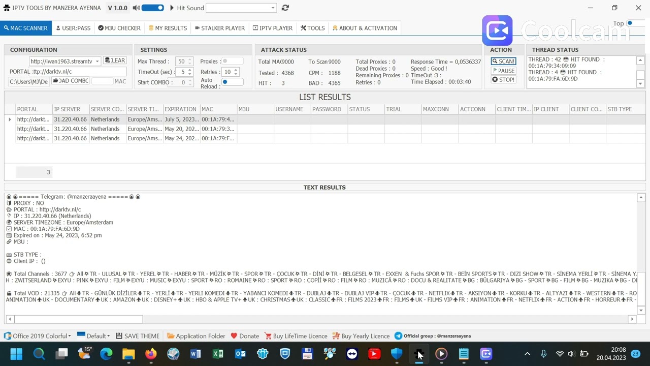 Przykładowe wyniki skanowania IPTV TOOLS