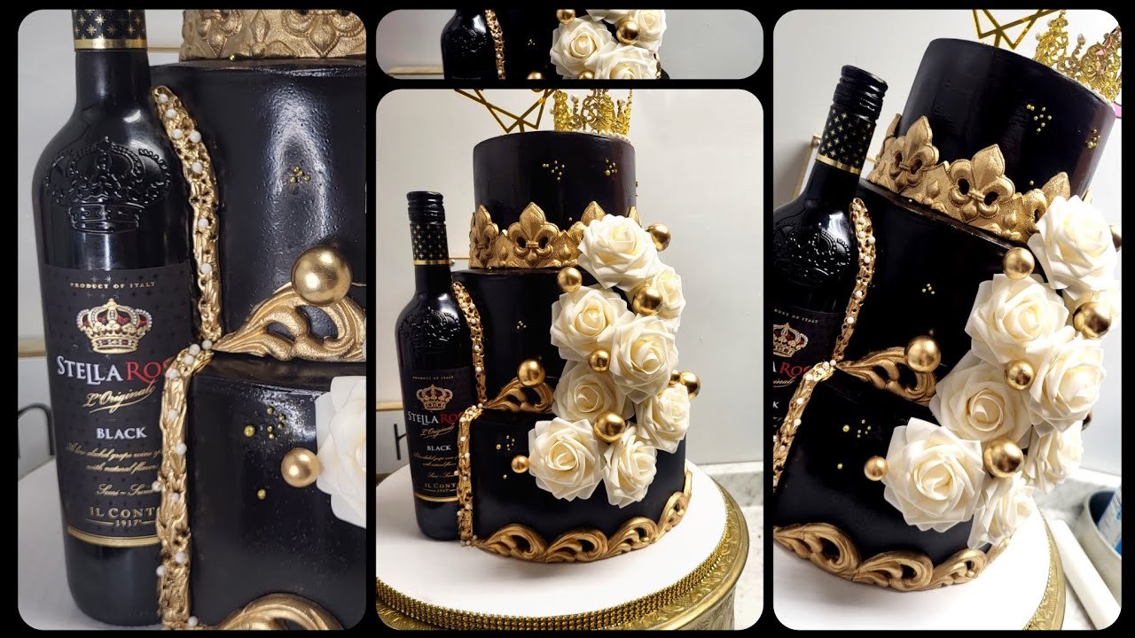 pastel con botella Stella rosa black   /wine Stella rosa black with cake