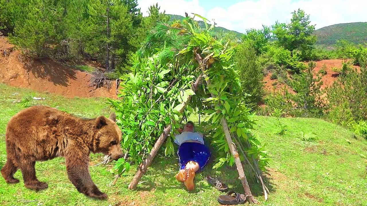 Primitive Technology: Building a Mid-Hunting Rest Shelter - Smart Boy makes a Wattle Hut "House"