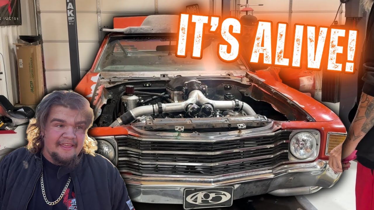 Aiden's Twin Turbo Chevelle First Fire Up! +ShopTruck Runs New PB!