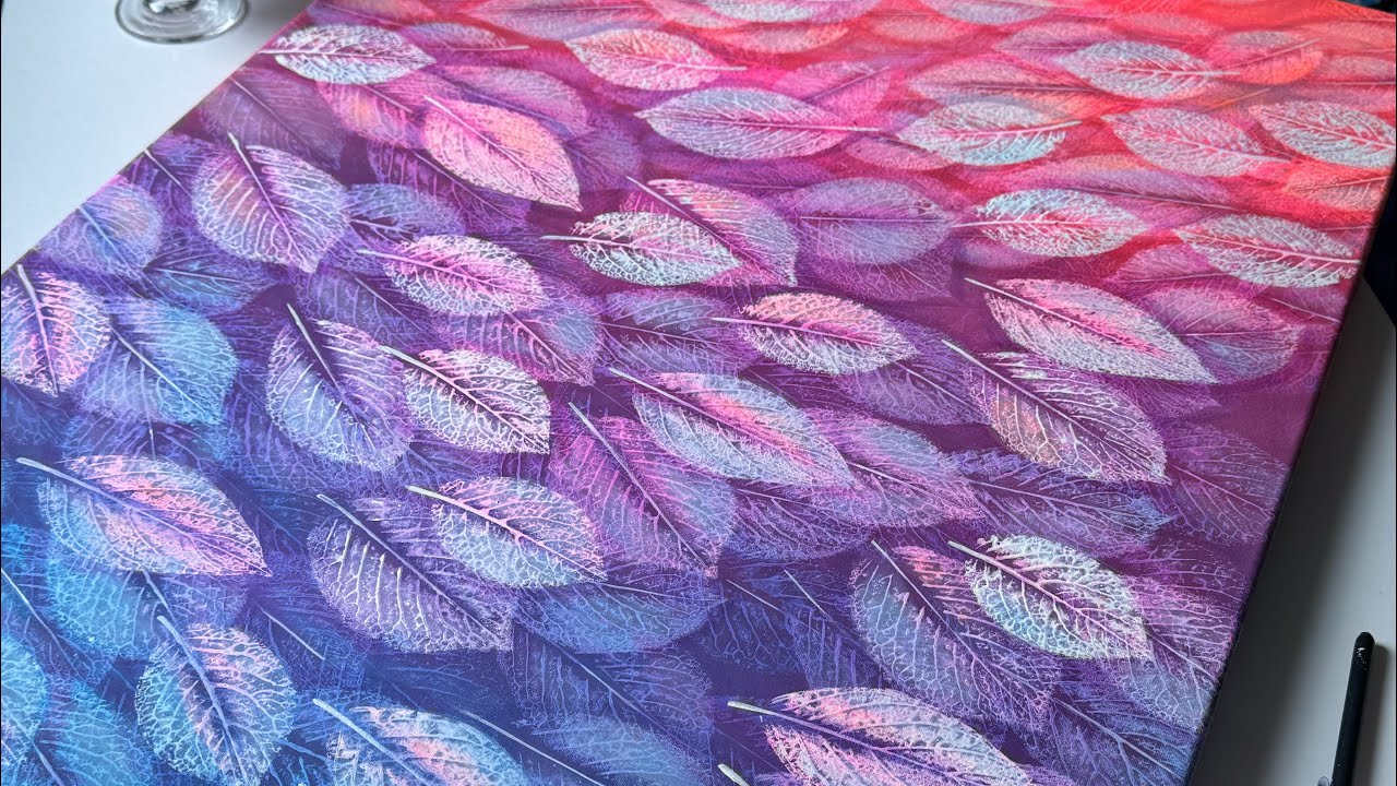 Dreamy sunset painting / Purple Pink Orange leaves painting / Leaf impressions painting / Botanical