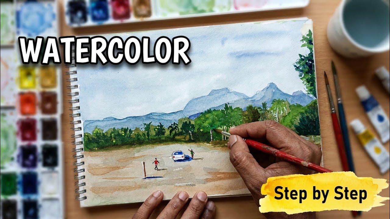 Peaceful Village Landscape Watercolor Painting | Relaxing Art Process Watercolor