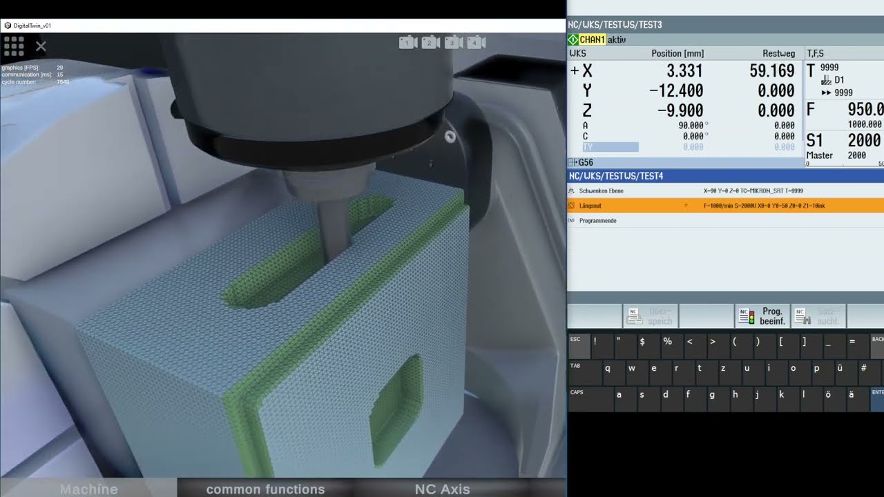 Virtuelle Fertigung: Abtragssimulation im Digitalem Zwilling einer CNC-Werkzeugmaschine.