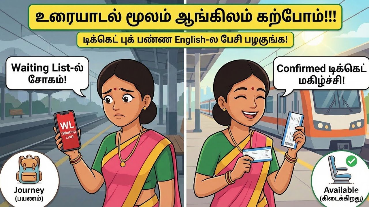 Spoken English in Tamil: Train Ticket Booking Conversation | Railway Vocabulary