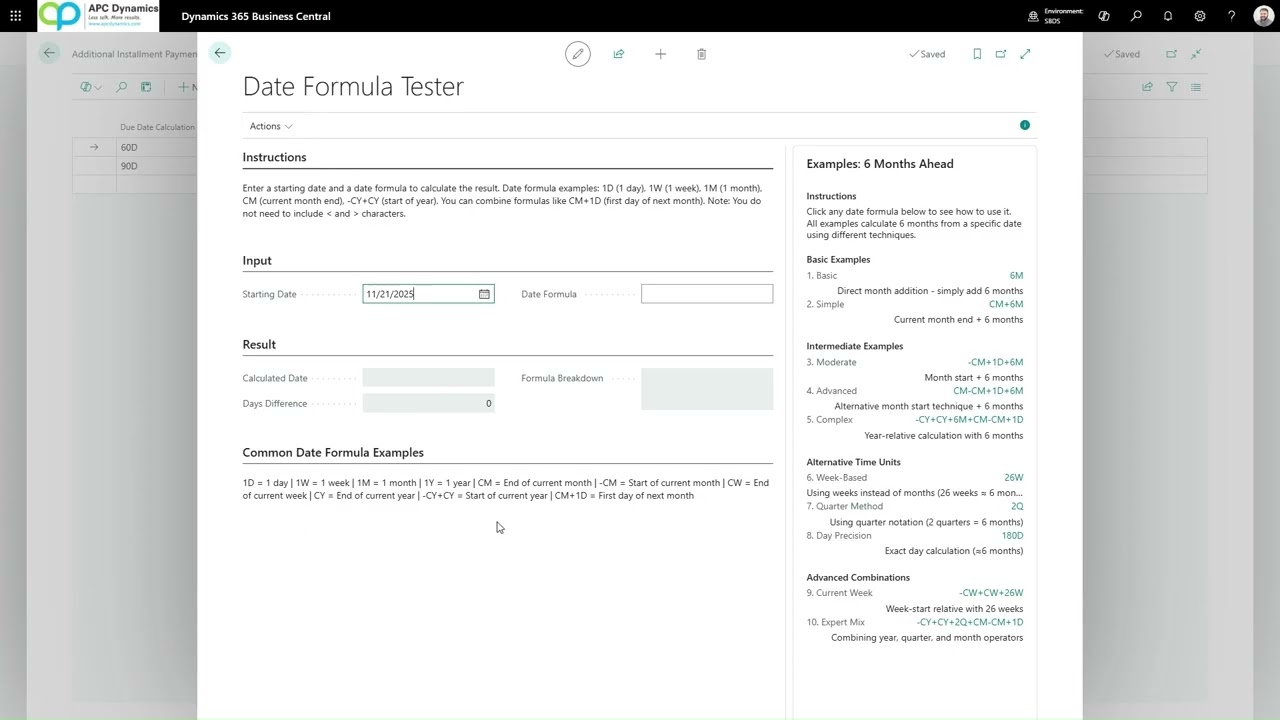 Условия оплаты в рассрочку - Тест формулы даты для Dynamics 365 Business Central