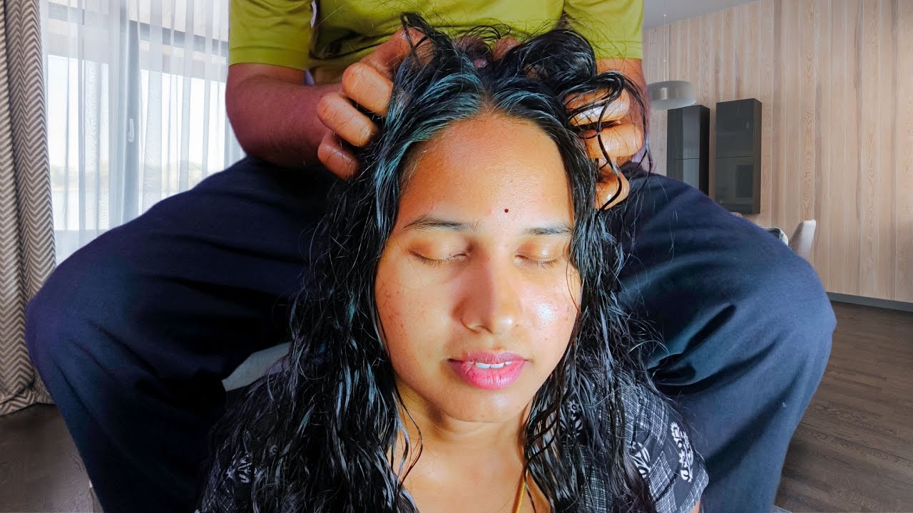 Longhair Heavy Hair Oiling and deep head massage by Husband With Real Sounds (ASMR)