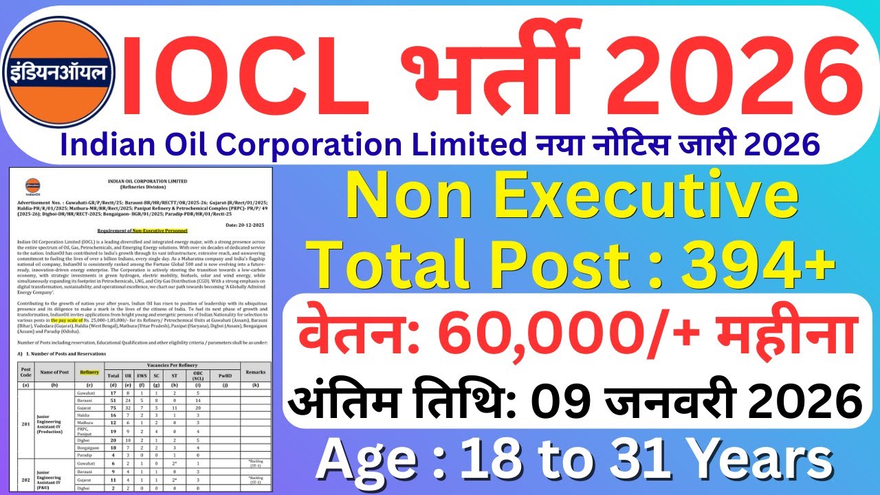 IOCL Non Executive Recruitment 2026 - Apply Online for 394 Posts