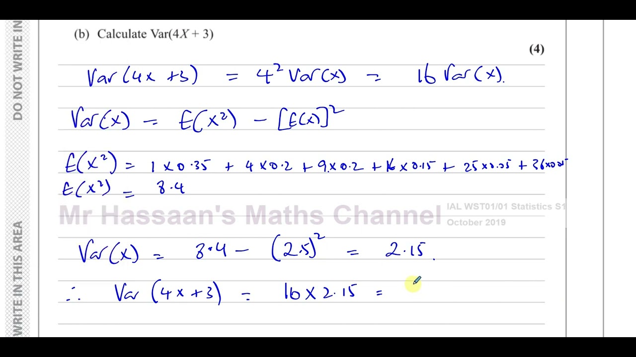 WST01/01, (Edexcel), IAL, S1, OCT 2019, Q7, Discrete Random Variables, Expected Values, Variance