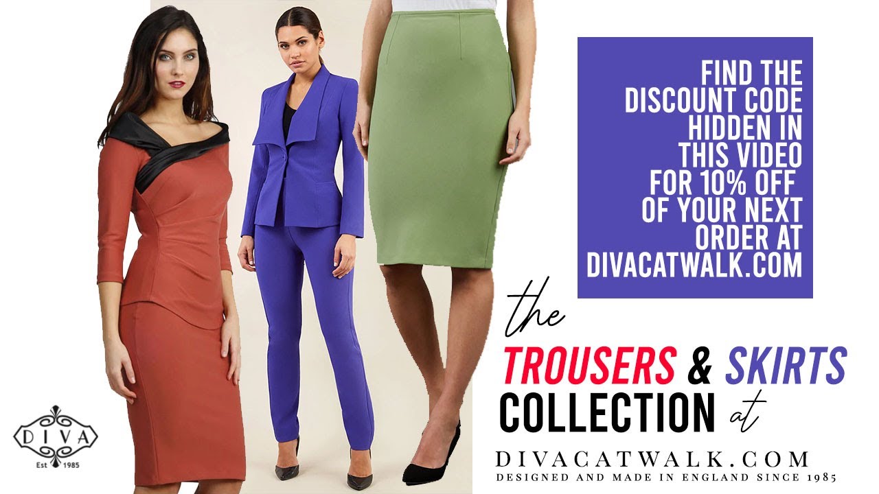 Trousers and Skirts Collection: Black Work Trousers, Red Swing Skirts, Fitted Pencil Skirts.